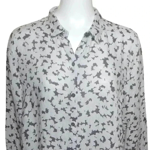 J. Jill Womens Size Large Off-White Gray Floral Love Linen Button Down Shirt - Picture 3 of 8